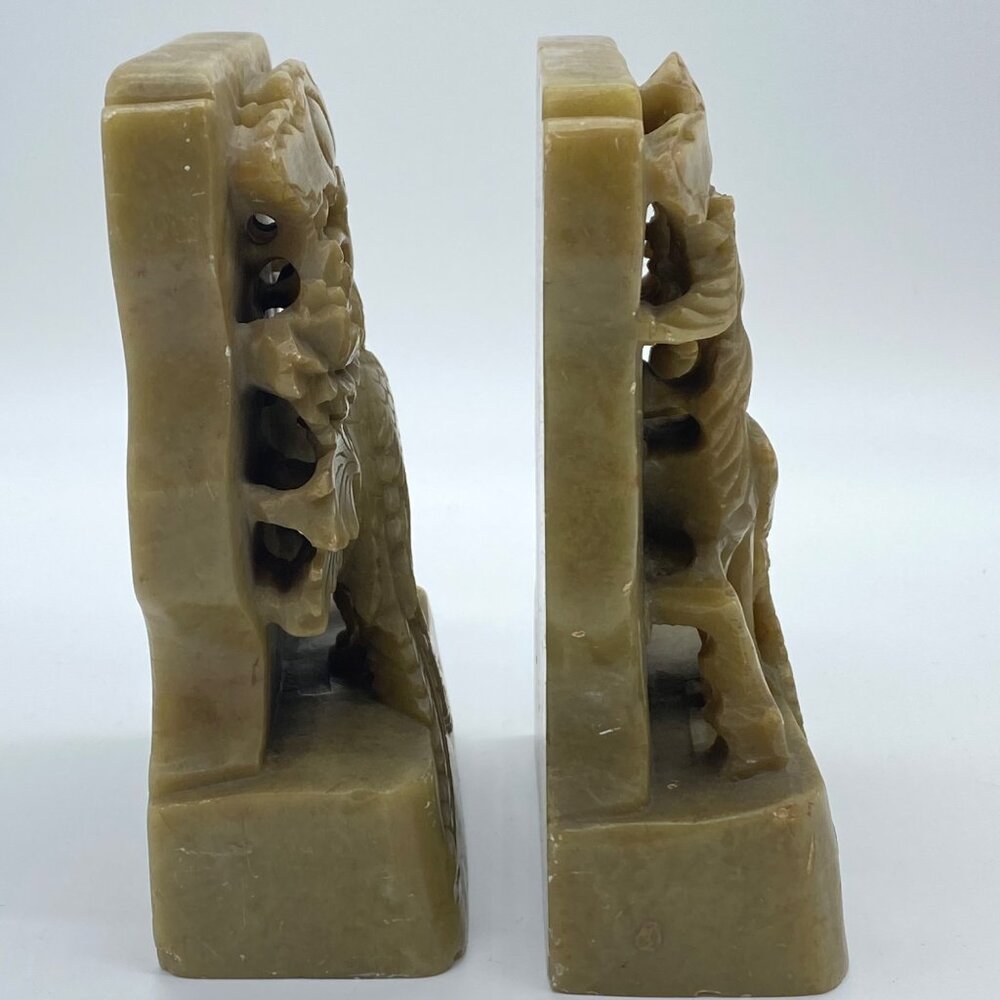 Vintage Pair of Hand-Carved Green Soapstone Bookends Phoenix Bird Lotus Flower - Picture 13 of 16